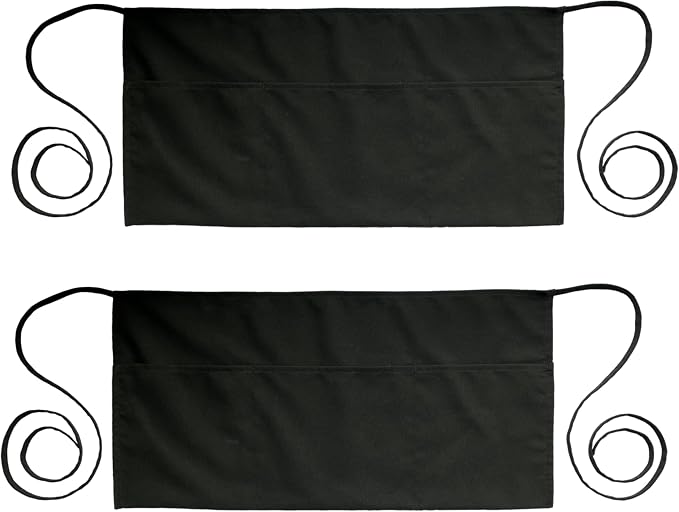 PLOYMONO 2P Black Server Apron with 3 Pockets, Short Waist Waitress Apron | Polyester Short Waiter Apron with 3 Deep Pockets, Great for Restaurant Servers, Bartenders, Hosts, Baristas by PLOYMONO