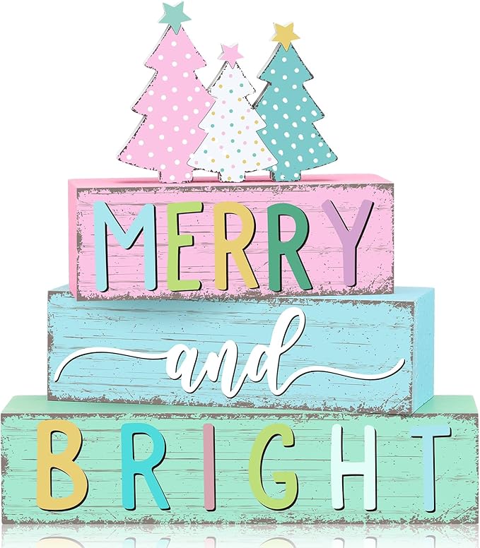 Geelin 4 Pcs Christmas Tree Table Sign Pastel Candy Color Wooden Decorations Xmas Tree Tiered Tray Decor Christmas Centerpieces Pastel Wooden Block Set Xmas Table Sign for Home