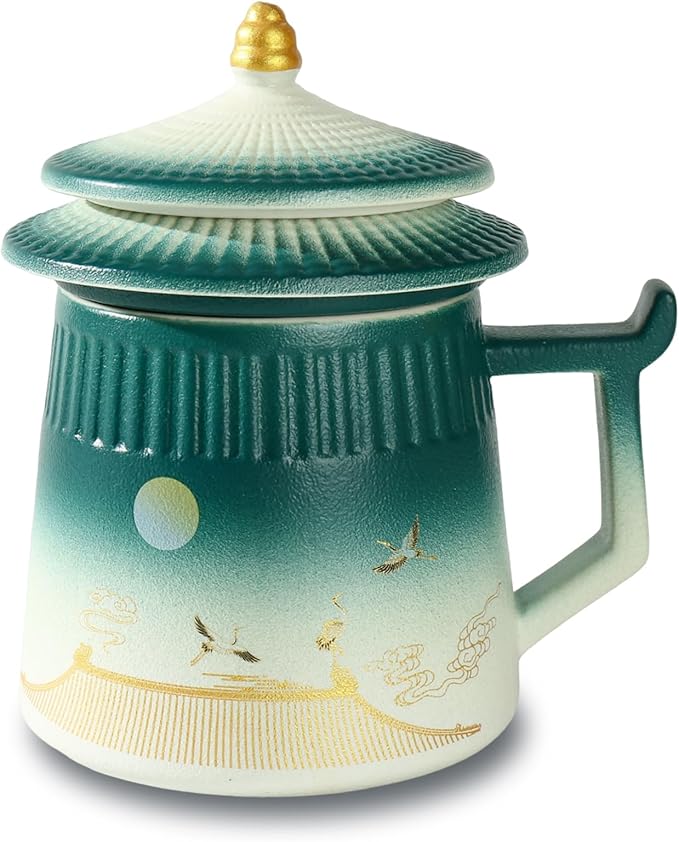Tea Cup with Infuser and Lid,Loose Leaf Tea Steeper Cup 14.8oz Ceramic tea Infuser Mug Travel Large Steeping Cup Diffusers Mugs with Fine Strainer and Handle (White&Green)