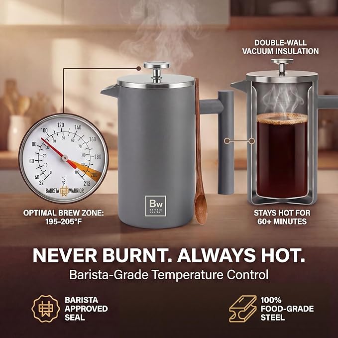 Barista Warrior French Press Coffee Maker Stainless Steel with Built-In Thermometer - Insulated Double Wall Design, Dual Filter System, Stay-Cool Handle & Wood Spoon - Grey