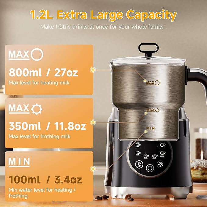 Milk Frother and Steamer, Large Capacity Detachable Electric Milk Frother, Automatic Warm and Cold Foam Maker, Hot Chocolate Maker, BPA Free