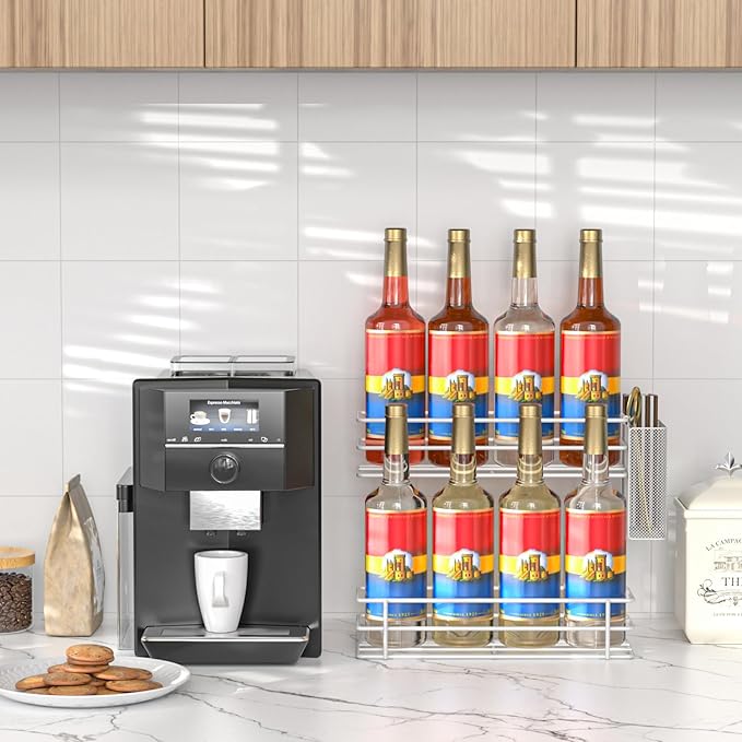 OVICAR Coffee Syrup Organizer Rack - 8 Bottle Holder Stand for Coffee Bar & Station Accessories, 2 Tiers Countertop Storage for Syrup & Wine Dressing, White