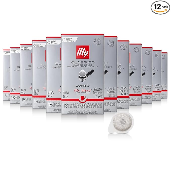 illy Coffee ESE Capsules, Classico Lungo Medium Roast Coffee Pods, 100% Arabica, Premium Italian Blend, Single Serve, 18 Count, 12 Pack