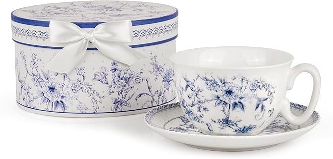 STP GOODS Blue Flowers Bone China Cup and Saucer Set in Gift Box (Blue)