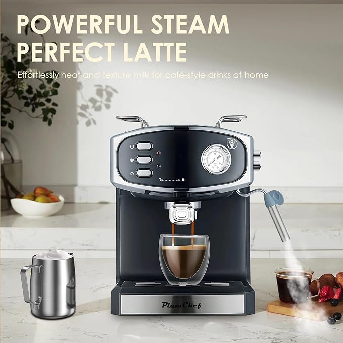 20 Bar Espresso Coffee Maker for Home - Professional Compact Coffee Maker witn Steam Wand Milk Frother, Pressure Gauge, 54oz Tank - Low Noise Fast Brew for Cappuccino, Latte,black