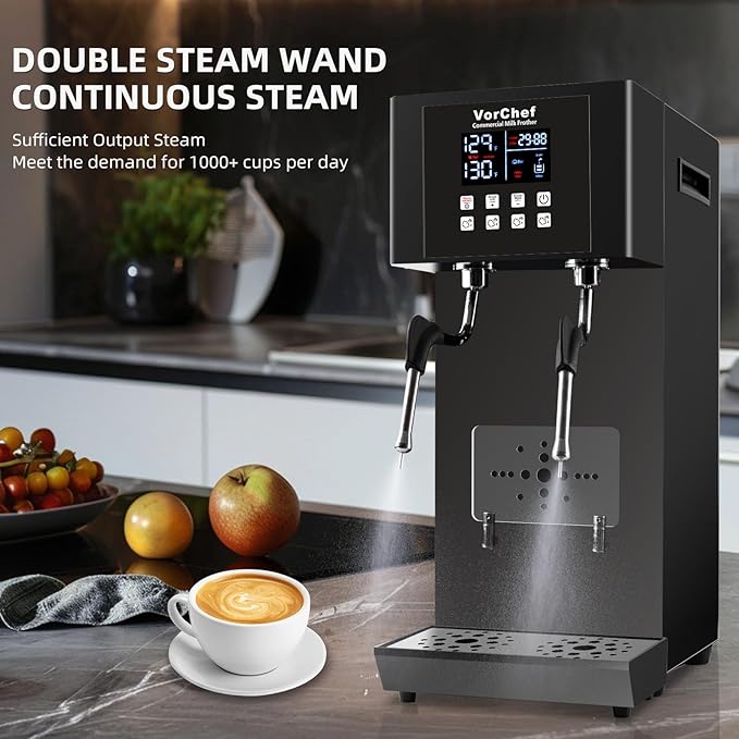 Commercial Milk Frother, 2-Wand Automatic Steam Boiling Water Machine 110V 2200W Electric Steam Milk Frothing Machine Coffee Milk Foam Machine Steamer with LED Display for Tea Coffee Shop