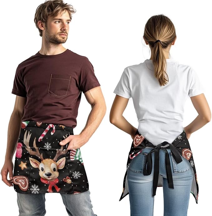 Waist Apron with 3 Pockets Waterproof 13 Inch Short Half Waist Aprons Women Men Server Aprons Waitress Waiter Apron - Image 2