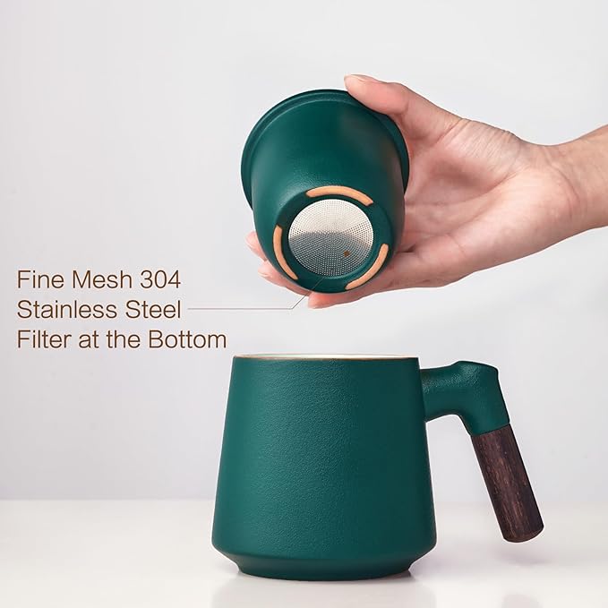 ZENS Tea Cup with Infuser and Lid, 11 oz Green Ceramic Steeper Mug for Loose Leaf Tea Lovers Gifts, Wood Handle Tea Strainers.