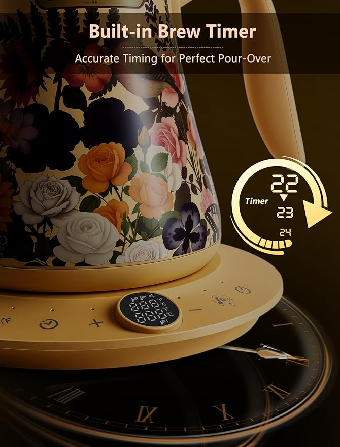 Olumaramio 0.8L/27oz Gooseneck Electric Kettle - ±1℉ Precise Temperature Control for Pour Over Coffee & Tea, 1200W Fast Heating, Auto Shut-Off, Built-in Brew Timer, BPA-Free Stainless Steel, Floral