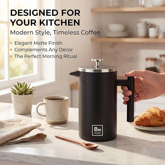 Barista Warrior French Press Coffee Maker Stainless Steel with Built-In Thermometer - Insulated Double Wall Design, Dual Filter System, Stay-Cool Handle & Wood Spoon - Black