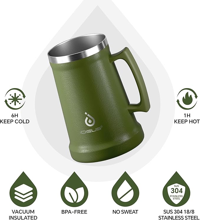 Ideus Insulated Beer Stein, 24/32oz Stainless Steel Double Walled Beer Mug Giant Bar Drinkware Metal Beer Cup with Big Grip Handle (Olive Green, 34oz (1,000ml))
