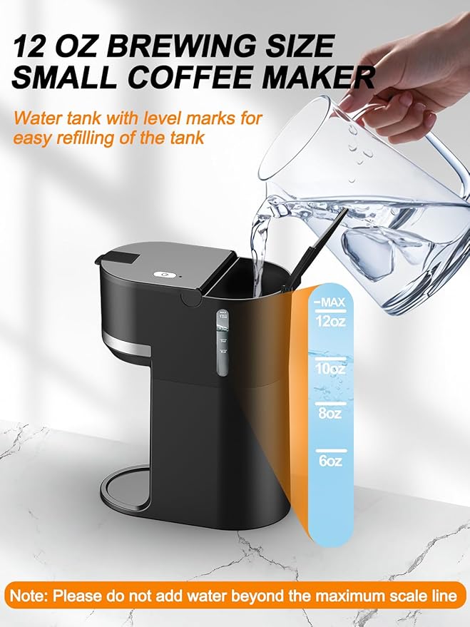 Single Serve Coffee Maker for K-Cup and Ground Coffee, Fast Brew, 6-12 oz Brew Sizes One Cup Coffee Machine Fits 5.5" Mugs, One-Button Small Coffee Maker, Descaling Reminder,Black,9.45 Inches