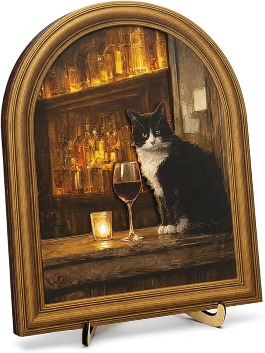 3D Funny Tuxedo Cat Wall Art Sign for Bar Decor, Vintage Drinking Cat Portrait Wall Decor, 8x10 Inch