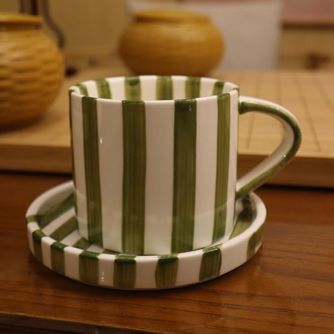 8 Oz Coffee Mug Large Espresso Cups With Saucer Ceramic Coffee Mugs Porcelain Coffee Cup With Saucer Hand-Painted Striped Art Cup And Saucer,C