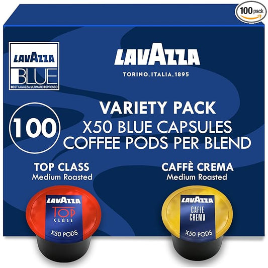 Lavazza Blue Coffee Capsules Variety Pack – 100 Count (50 Pods Each) – Includes Top Class & Caffè Crema Blends – Compatible with Lavazza LB Espresso Machines Only – Premium Italian Coffee