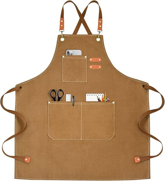 OUNLEN Chef Apron for Men Women Canvas Aprons with 3 Pockets Cross Back Resistant Work Apron for Cooking