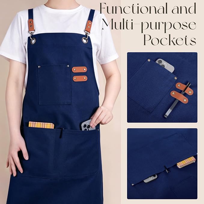 Chef Aprons for Men Women with Large Pockets, Cotton Canvas Water Repellent Kitchen Apron for Cooking - Image 2