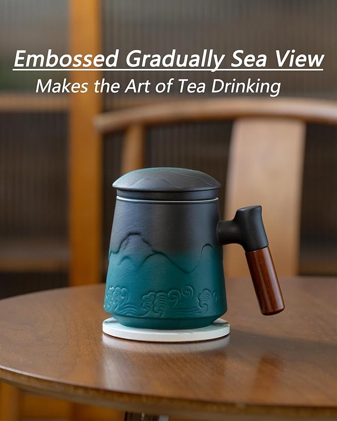 ZENS Tea Mug with Infuser and Lid for Loose Leaf Tea Steeper, 15.2oz Wood Handle Ceramic Tea Cup with Fine Strainers and Absorb Coaster for Tea Lovers Gifts