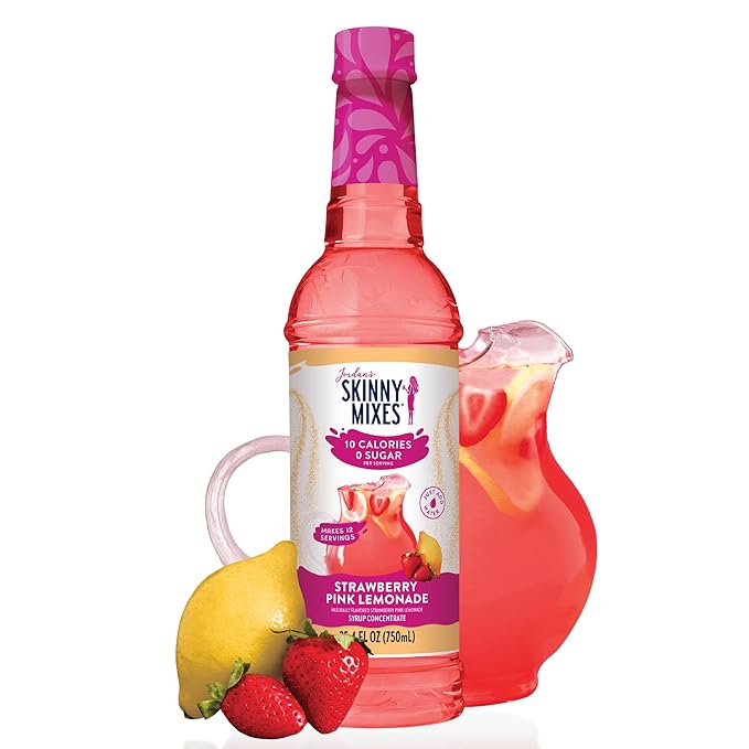 Jordan's Skinny Mixes Sugar Free Syrup, Strawberry Pink Lemonade, Fruit Flavored Water Enhancer, Drink Mix Iced Tea, Lemonade, Drinks, Low Calorie Water Flavoring, Dairy & Gluten Free, Kosher, 25.4 Fl Oz by JordansSkinnyMixes