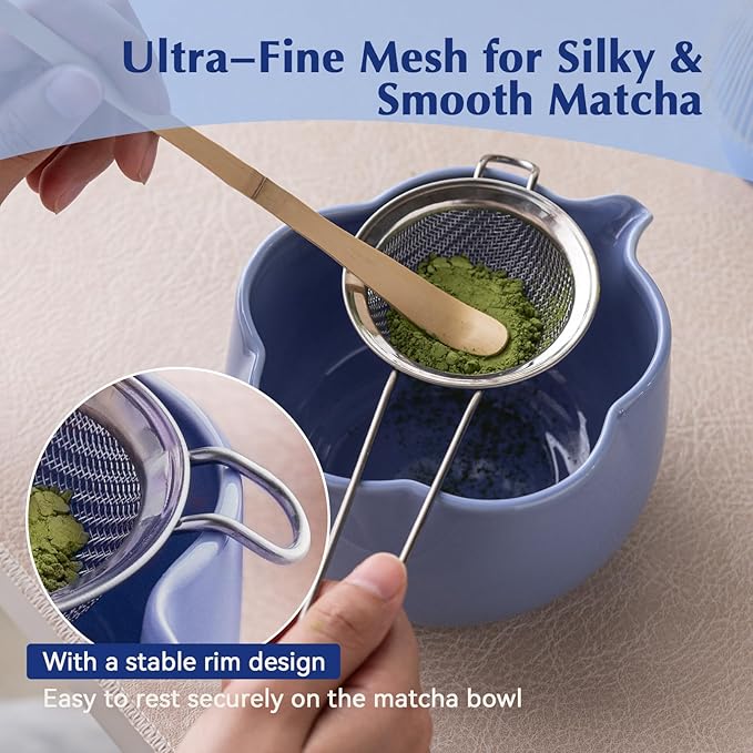 Matcha Set, 8Pcs Floral Ceramic Matcha Kit with Matcha Whisk, Holder, Scoop, Scoop Rest, Sifter, Spoon and Tea Towel - Thoughtful Matcha Whisk Set Gift for Matcha Lovers (Blue)
