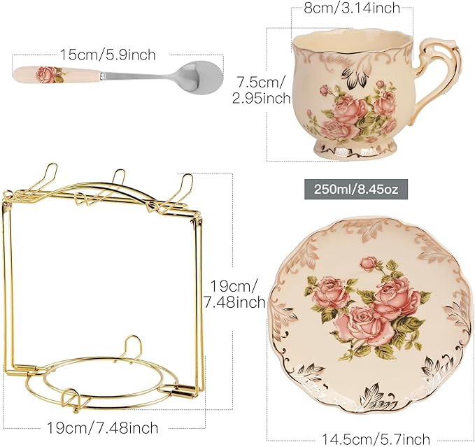 YOLIFE 8 OZ Pink Rose Tea Cups and Saucers Set of 6, Ivory Vintage Floral Porcelain Teacups Set, Coffee Cups with Golden Rack
