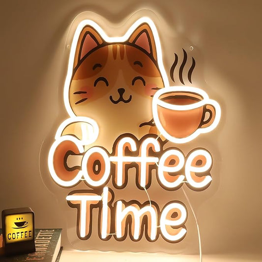 Coffee Neon Sign - "Coffee Time" Cute LED Light for Kitchen, Dining Room, Office - Fun and Cute Decoration for Your Place 13.9" X14.2"