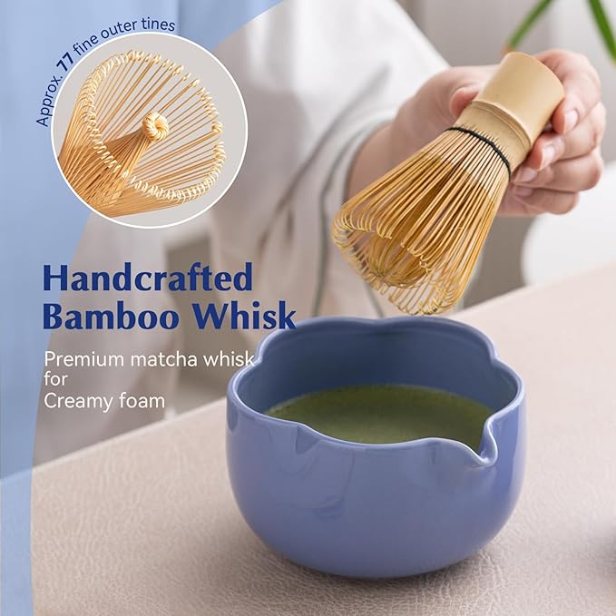 Matcha Set, 8Pcs Floral Ceramic Matcha Kit with Matcha Whisk, Holder, Scoop, Scoop Rest, Sifter, Spoon and Tea Towel - Thoughtful Matcha Whisk Set Gift for Matcha Lovers (Blue)