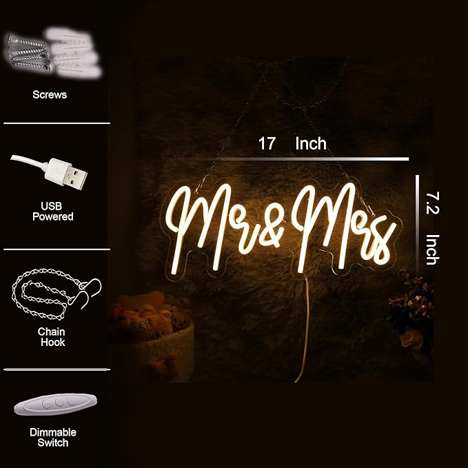 Mr and Mrs Neon Sign for Wedding Party Decoration Wedding Decor Neon Sign for Anniversary Backdrop Wall Decor Decoration Background Newlywed Gift(17 * 7.2in)