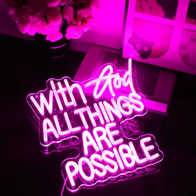 With God All Things Are Possible Neon Sign Pink God Led Lights for Wall Decor Letter LED Neon Lights Dimmable USB Powered for Room Party Wedding Church Decor