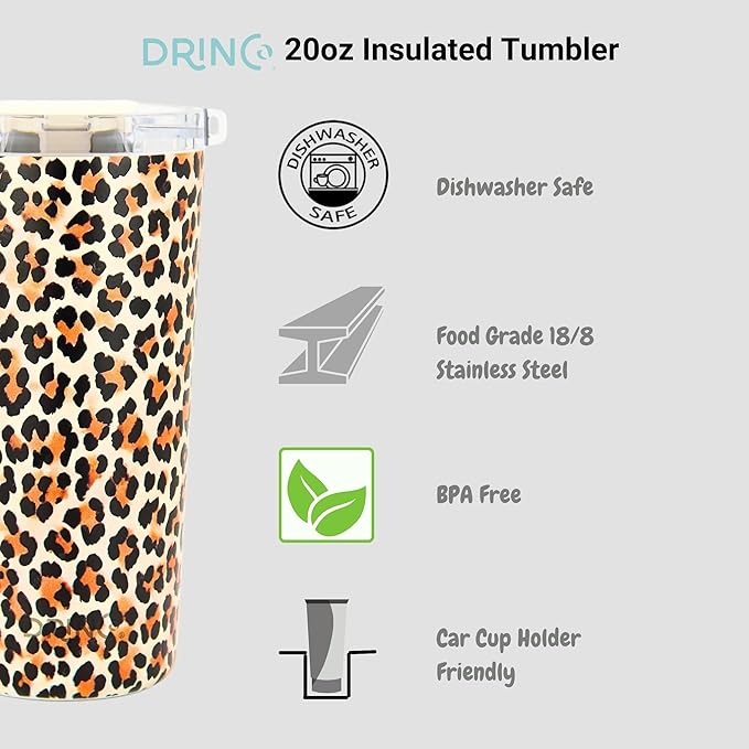 Drinco - 20 oz Stainless Steel Tumbler | Double Walled Vacuum Insulated Mug With Lid, 2 Straws, For Hot & Cold Drinks (20oz Leopard)