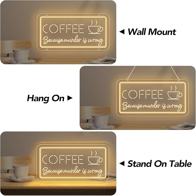 COFFEE Because Murder Is Wrong Neon Sign - Funny Cafe Dimmable Art LED Light Decor Fits Warm Tones For Kitchen，Bar，Coffee Shop，Restaurant，Parties, Wall and Window Display (USB Powered and 3D Engraved)