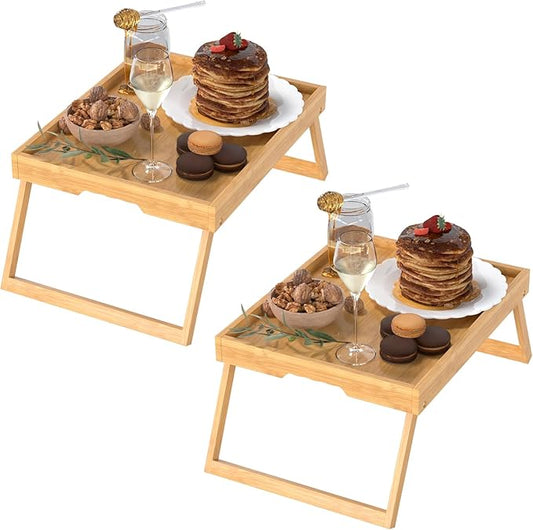 2 Pack Bed Tray Table with Foldable Legs, Bamboo Breakfast Tray for Sofa, Beds, Eating, Working, TV Table, Food, Dinner, Computer Trays, Laptop Desk Snack Folding Trays in Bed