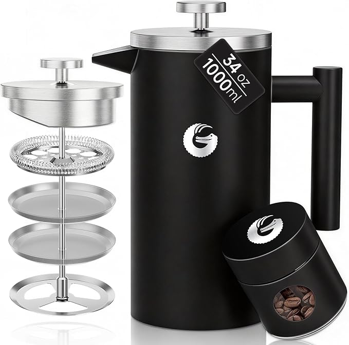Coffee Gator 304 Grade Stainless Steel French Press Coffee Maker 34 oz, Double Wall Insulated Hot Cold Brew Teapot with 4-Level Filtration System, Include Travel Jar Canister, Rust-Free, Travel, Black