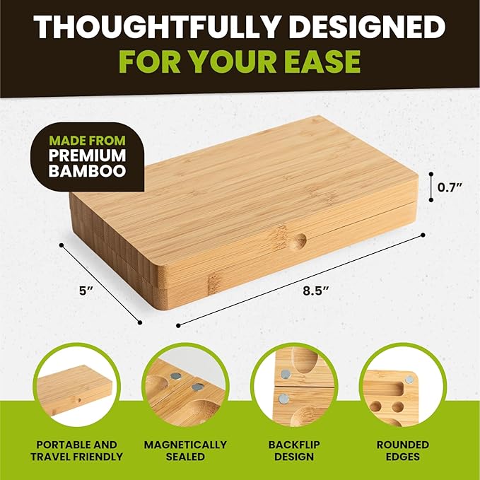 Foldable Bamboo Tray with Magnetic Lid - Durable, Easy to Clean - Portable, Perfect for Home Storage or Travel, Decorative-Tray - Gifts for Him - 8.5" x 5"