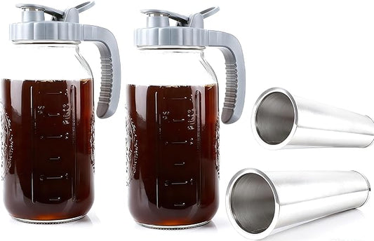 64 OZ Cold Brew Coffee Maker 2 Quart Mason Jar Glass Iced Tea Pitcher With Stainless Steel Filter Half Gallon Pitcher With Spout Lid For Iced Coffee,Tea & Lemonade,Sun Tea Airtight & Leak-Proof 2 PACK