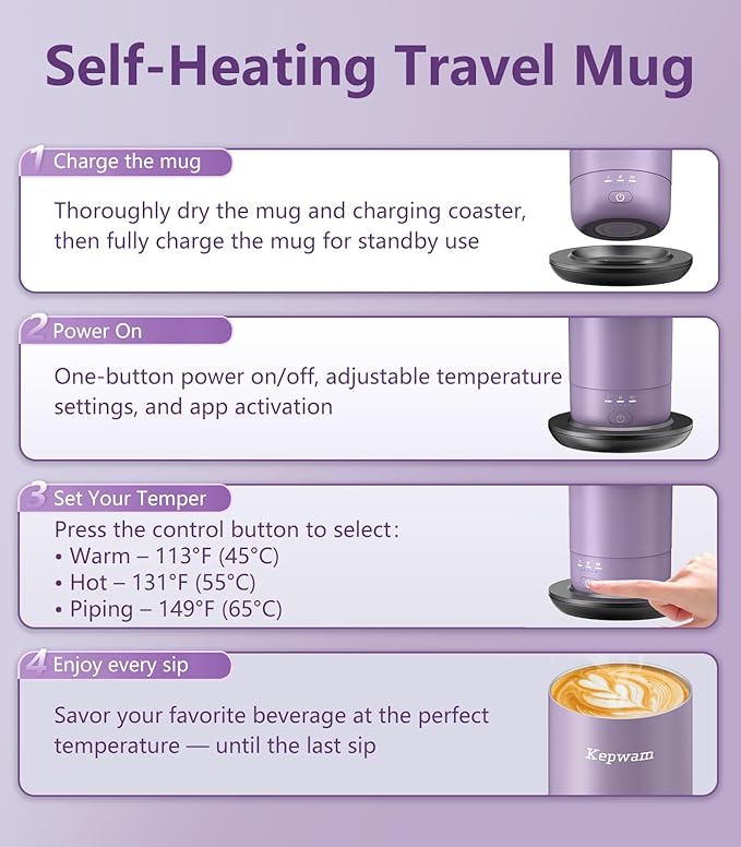 Kepwam T3 Self-Heating Travel Mug 20oz, Temperature-Controlled Coffee Warmer Mug, Smart Travel Coffee Mug Keep Coffee Drinks Hot, Heated Mug Great for Driver Outdoor Fits Car Cup Holders