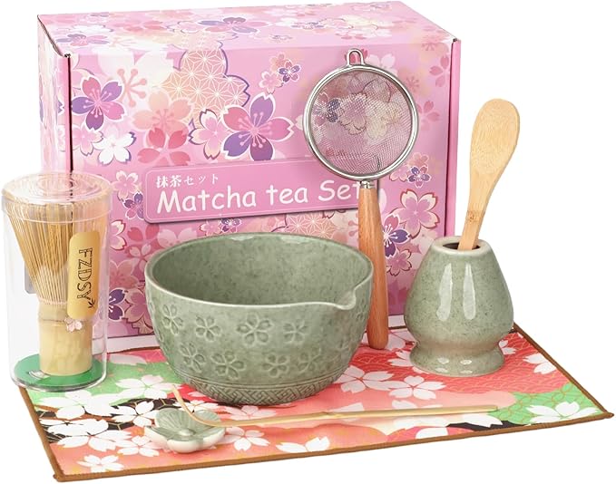 Sakura Matcha Whisk Set, 8 PCS Japanese-Style Matcha Kit with Cherry Blossom Matcha Bowl, Bamboo Whisk & Holder, Scoop, Spoon Rest, Wooden-Handle Sifter & Gift Box for Matcha Lovers (Mottled Green)