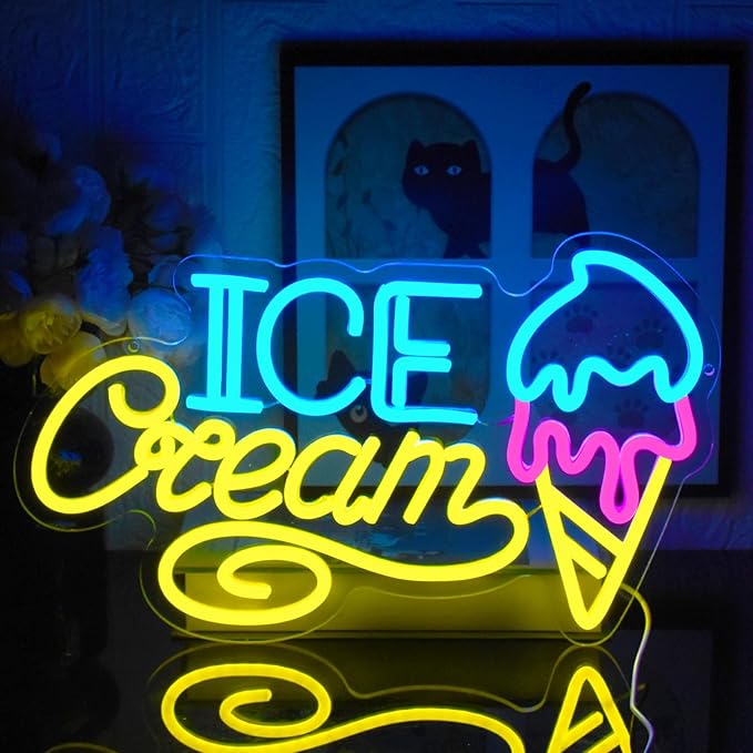 Ice Cream Neon Sign for Wall Decor, Ice Cream Shaped LED Signs Colorful Neon Light Up Sign USB Dimmable Letter Neon Wall Sign for Bedroom Restaurant Cafe Drink Bar Business Ice Cream Shop