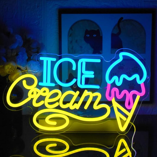Ice Cream Neon Sign for Wall Decor, Ice Cream Shaped LED Signs Colorful Neon Light Up Sign USB Dimmable Letter Neon Wall Sign for Bedroom Restaurant Cafe Drink Bar Business Ice Cream Shop