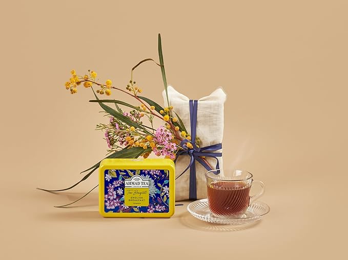 Ahmad Tea Floral Tea Tin Gift, Yellow Caddy, English Breakfast, 10 Tea Bags