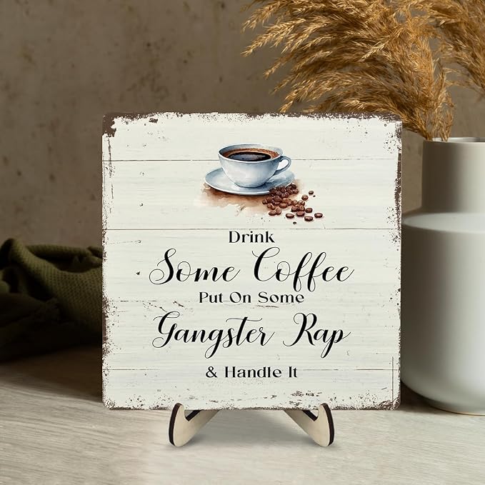Coffee Bar Sign Plaque for Coffee Station,Vintage Cafe Sign Decor for Kitchen,Cafe Bar Accessories for Farmhouse Kitchen Office(Beige, 5.9x5.9inches)