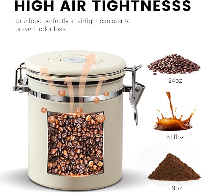 Airtight Coffee Container with Date Tracker & Spoon - Kitchen Storage Jar for Coffee Grounds, Cereal, Beans, Sugar (Beige, 16OZ)