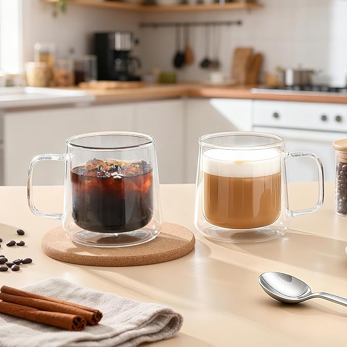Aurzen 13oz Glass Coffee Mugs,Double Wall Insulated Glass Cups with Handle,Clear Espresso Mugs for Latte,Cappuccino,Tea Bag (4, 13oz)