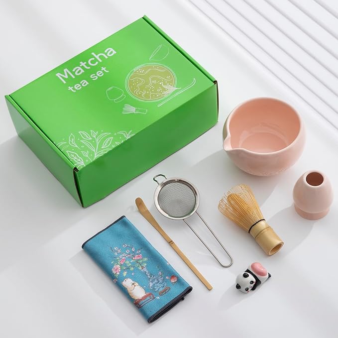 Matcha whisk set, pink matcha bowl set, includes bowl with spout, bamboo whisk, spoon, ceramic stand, stainless steel sieve, towel. Perfect matcha starter set (pink)