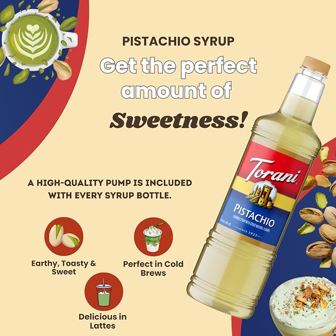 Torani Pistachio Coffee Syrup 1 Liter Bottle with Pump Dispenser – Flavored Syrup with Pure Cane Sugar & Natural Pistachio Essence – Perfect for Lattes, Desserts & Cocktails - Image 6