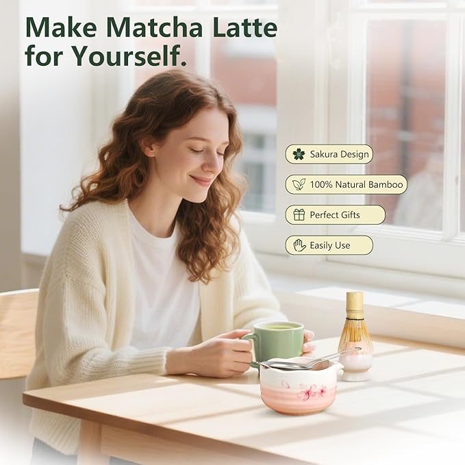 7PCS Matcha Whisk Set, Sakura Cherry Bloosm Matcha Kit Gift for Women Birthdays Mom Girls Kids and Matcha Tea Lover, with Bamboo Whisk, Holder, Bowl, Scoop, Sifter, Towel, and Elegant box