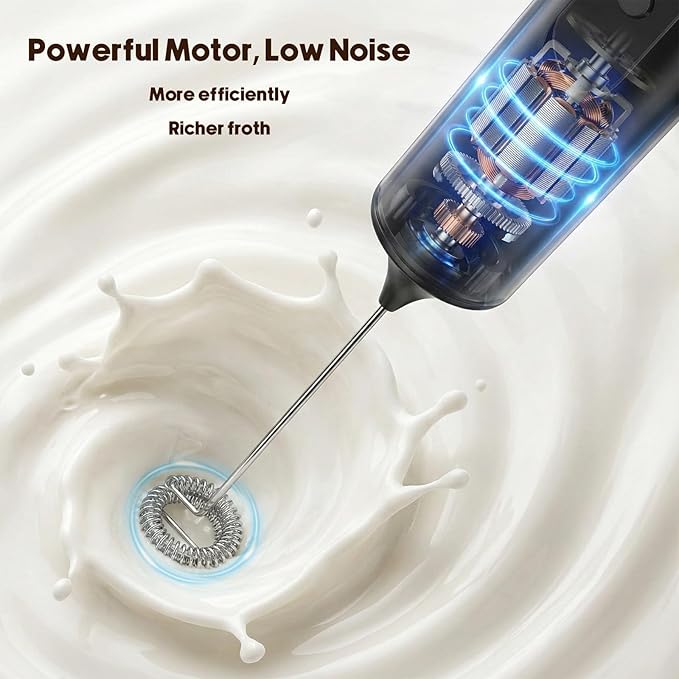 Rechargeable Milk Frother Handheld with 3 Speed, 3 Detachable Whisks with Stand, Electric Coffee Drink Mixer Wand for Cappuccino, Latte, Matcha, Hot Chocolate, Eggs,Protein Black