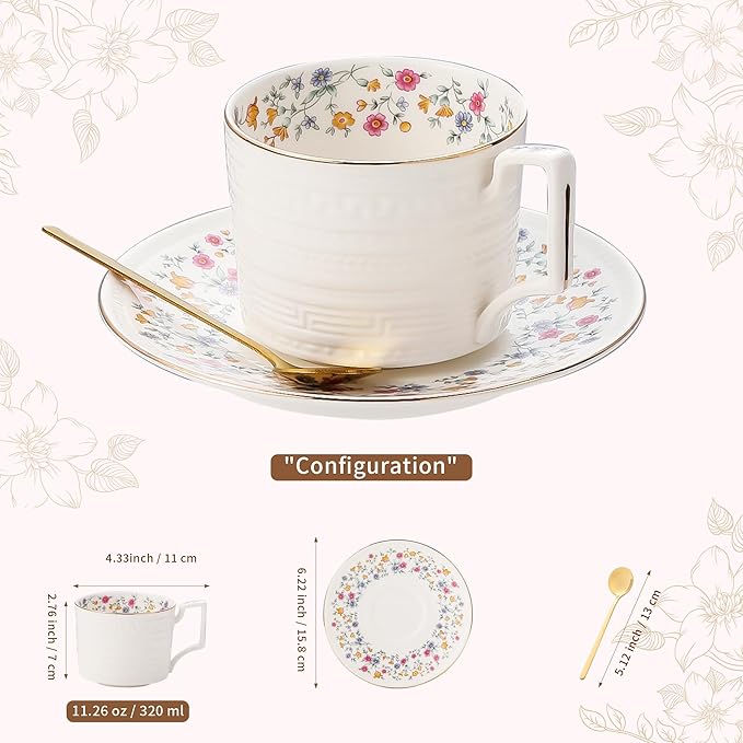 Country Roses Porcelain Tea Cup and Saucer Set with Gold Trim, Vintage Style, For Women and Tea Parties (1, P)