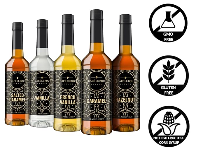 Café Le Rou Coffee Syrup Variety 5-Pack- 25.4 oz Vanilla, French Vanilla, Caramel, Salted Caramel, Hazelnut, *Includes 5 Syrup Pumps*, Flavoring Syrup for Coffee, Tea and Espresso