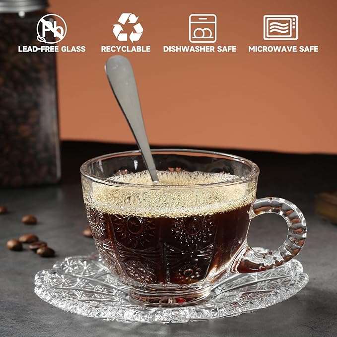 Glass Teacups and Saucers Set of 6, Vintage Coffee Mugs with Stainless Steel Spoon, Dishwasher & Microwave Safe Teacups for Espresso Cappuccino Latte Tea Juice, 7OZ/210ML, Clear